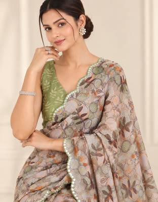 beige heavy silk blend printed saree with pape mirror work & mirror border 2