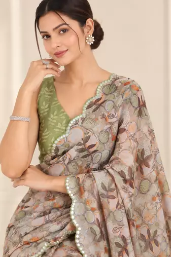 beige heavy silk blend printed saree with pape mirror work & mirror border