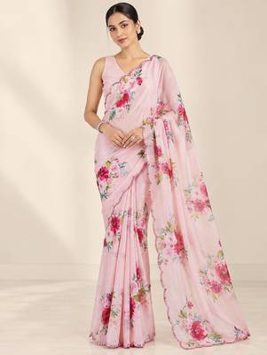 baby pink heavy silk blend printed saree with pape mirror work & mirror border 1