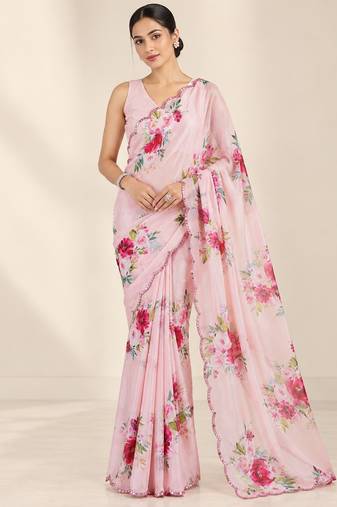 baby pink heavy silk blend printed saree with pape mirror work & mirror border