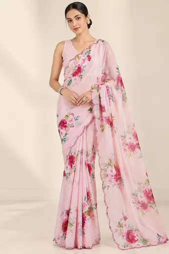 baby pink heavy silk blend printed saree with pape mirror work & mirror border
