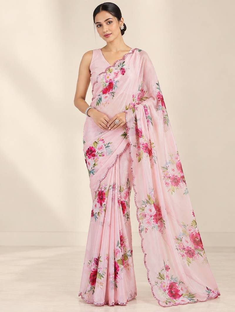 baby pink heavy silk blend printed saree with pape mirror work & mirror border