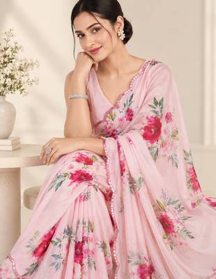 baby pink heavy silk blend printed saree with pape mirror work & mirror border 2