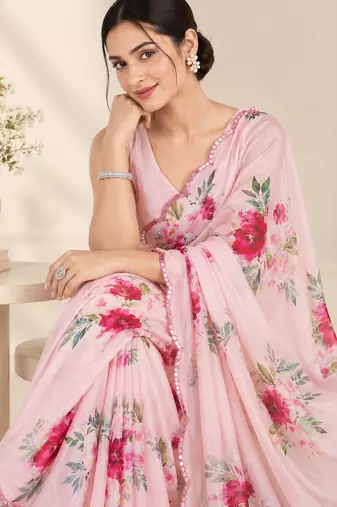 baby pink heavy silk blend printed saree with pape mirror work & mirror border