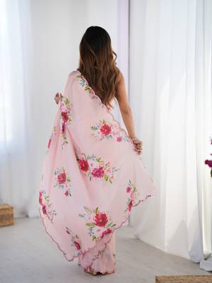baby pink heavy silk blend printed saree with pape mirror work & mirror border 3