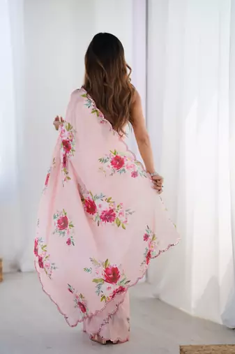 baby pink heavy silk blend printed saree with pape mirror work & mirror border