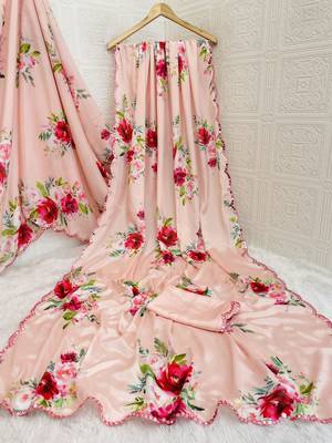 baby pink heavy silk blend printed saree with pape mirror work & mirror border 4