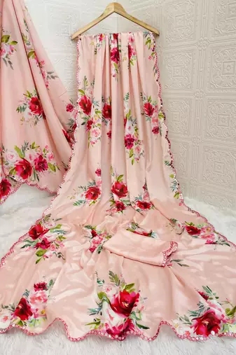 baby pink heavy silk blend printed saree with pape mirror work & mirror border