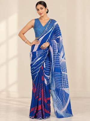 blue heavy silk blend printed saree with pape mirror work & mirror border 1