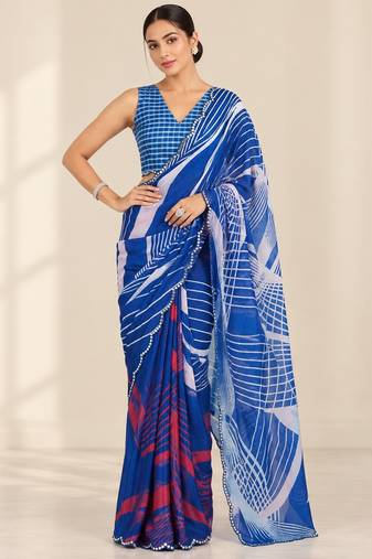 blue heavy silk blend printed saree with pape mirror work & mirror border