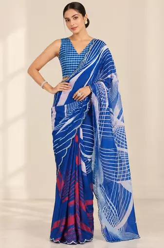 blue heavy silk blend printed saree with pape mirror work & mirror border