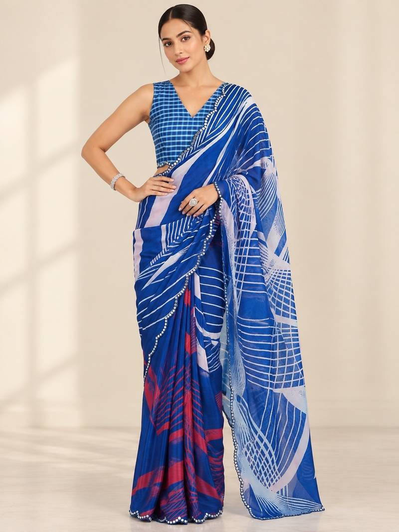 blue heavy silk blend printed saree with pape mirror work & mirror border