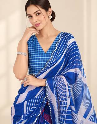 blue heavy silk blend printed saree with pape mirror work & mirror border 2
