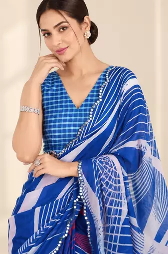 blue heavy silk blend printed saree with pape mirror work & mirror border