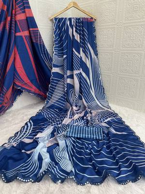 blue heavy silk blend printed saree with pape mirror work & mirror border 4
