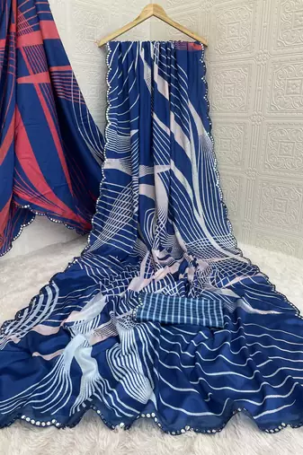 blue heavy silk blend printed saree with pape mirror work & mirror border