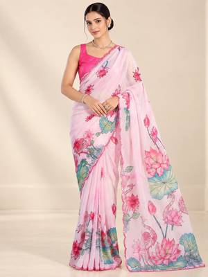 baby pink heavy silk blend printed saree with pape mirror work & mirror border 1
