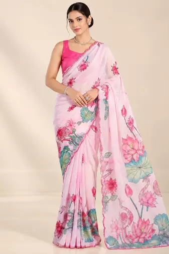 baby pink heavy silk blend printed saree with pape mirror work & mirror border