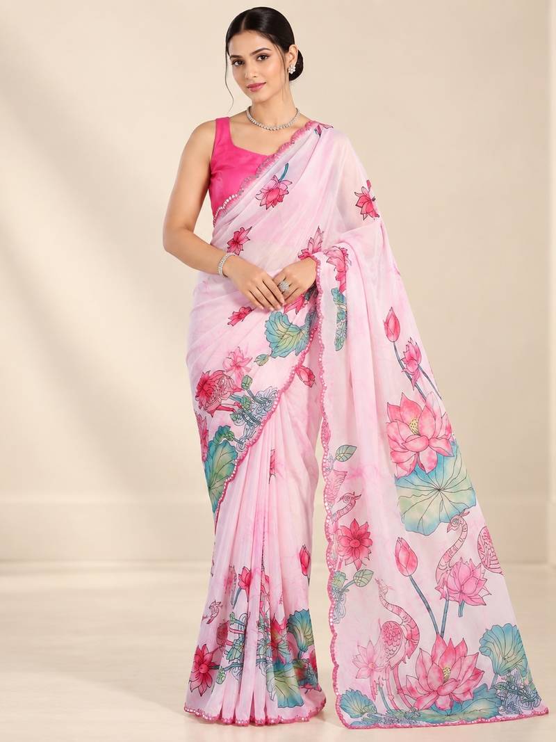 baby pink heavy silk blend printed saree with pape mirror work & mirror border