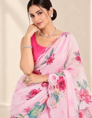 baby pink heavy silk blend printed saree with pape mirror work & mirror border 2