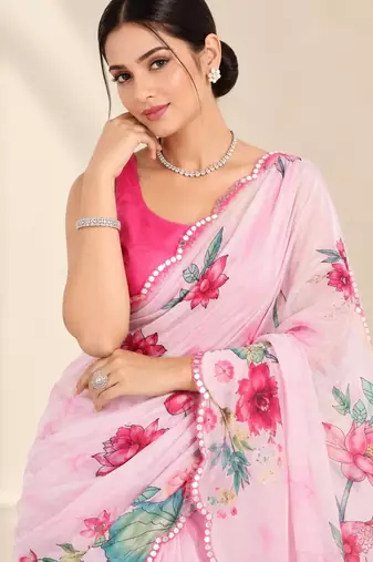 baby pink heavy silk blend printed saree with pape mirror work & mirror border