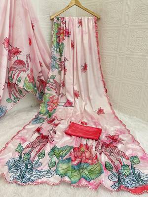 baby pink heavy silk blend printed saree with pape mirror work & mirror border 4