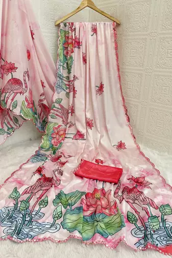 baby pink heavy silk blend printed saree with pape mirror work & mirror border
