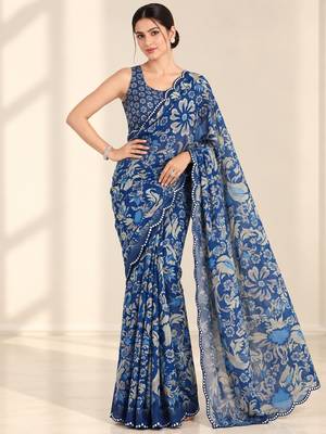 blue heavy silk blend printed saree with pape mirror work & mirror border 1