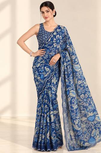 blue heavy silk blend printed saree with pape mirror work & mirror border