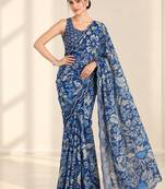 blue heavy silk blend printed saree with pape mirror work & mirror border