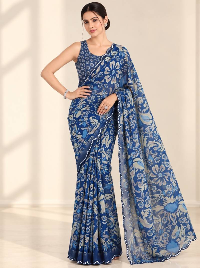 blue heavy silk blend printed saree with pape mirror work & mirror border
