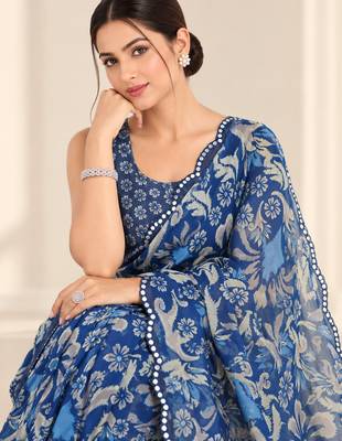 blue heavy silk blend printed saree with pape mirror work & mirror border 2