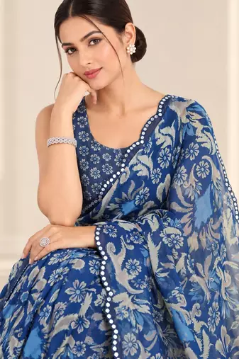 blue heavy silk blend printed saree with pape mirror work & mirror border