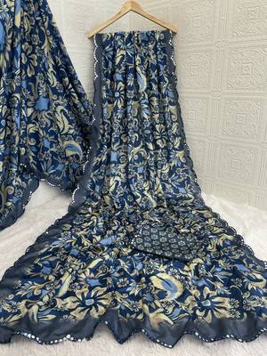 blue heavy silk blend printed saree with pape mirror work & mirror border 4