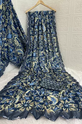 blue heavy silk blend printed saree with pape mirror work & mirror border