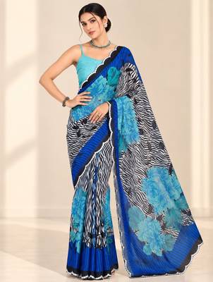 blue heavy silk blend printed saree with pape mirror work & mirror border 1