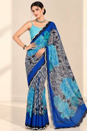 blue heavy silk blend printed saree with pape mirror work & mirror border