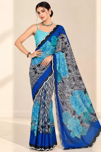 blue heavy silk blend printed saree with pape mirror work & mirror border