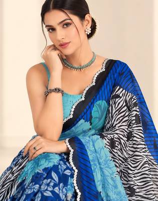 blue heavy silk blend printed saree with pape mirror work & mirror border 2