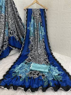 blue heavy silk blend printed saree with pape mirror work & mirror border 4