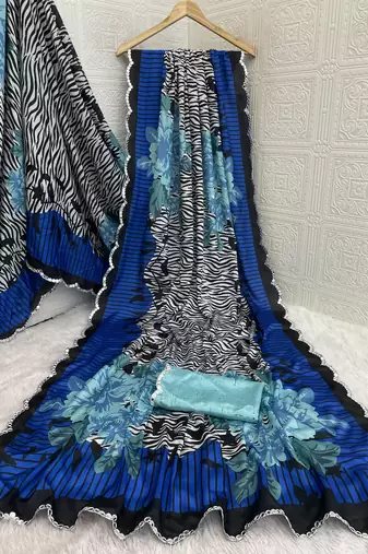 blue heavy silk blend printed saree with pape mirror work & mirror border