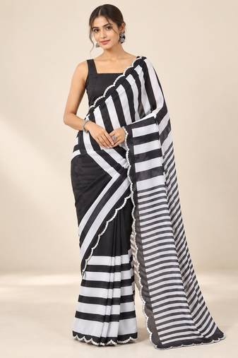 black heavy silk blend printed saree with pape mirror work & mirror border