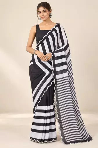 black heavy silk blend printed saree with pape mirror work & mirror border