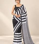 black heavy silk blend printed saree with pape mirror work & mirror border
