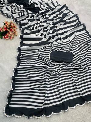 black heavy silk blend printed saree with pape mirror work & mirror border 4