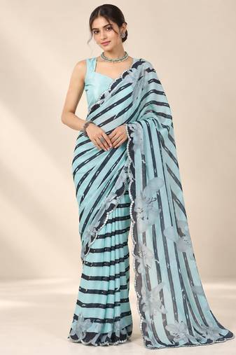 aqua blue heavy silk blend printed saree with pape mirror work & mirror border