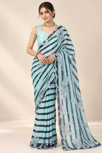 aqua blue heavy silk blend printed saree with pape mirror work & mirror border