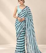aqua blue heavy silk blend printed saree with pape mirror work & mirror border