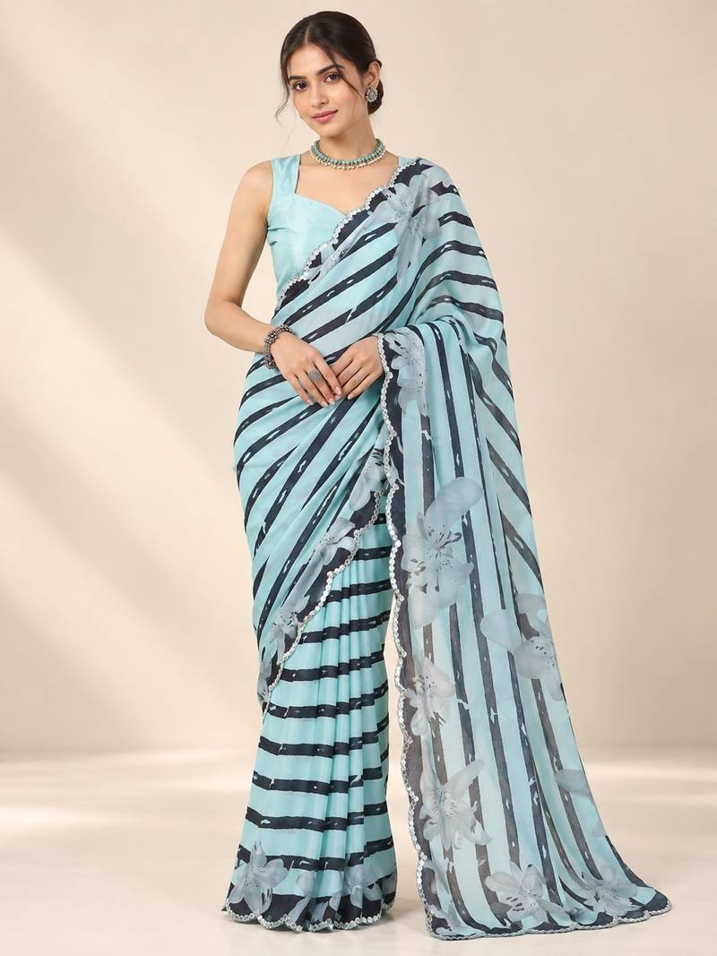aqua blue heavy silk blend printed saree with pape mirror work & mirror border