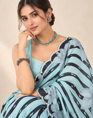 aqua blue heavy silk blend printed saree with pape mirror work & mirror border 2